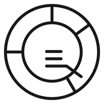 Minimalist black vector icon of a donut chart or circular diagram with multiple segments and data lines, perfect for business analytics, financial reports, and infographic data visualization.