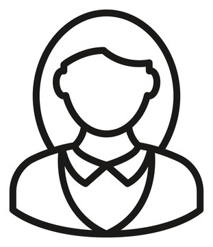 Minimalist black line vector icon of a professional woman with shoulder-length hair wearing a collared business shirt, clean female user profile avatar illustration for web and mobile interface.