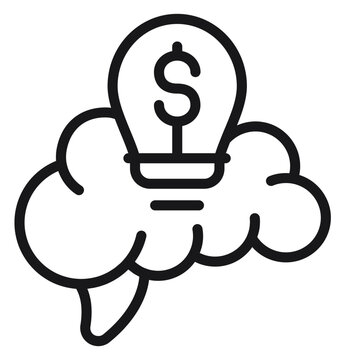 Creative Business Idea Vector Icon: Minimalist black line illustration of a human brain with a light bulb and dollar sign, symbolizing financial intelligence, monetization, and innovative thinking.