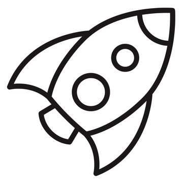 Minimalist black line art rocket ship vector icon illustration for space exploration, startup launch concept, and technology projects, isolated on a white background for easy editing.