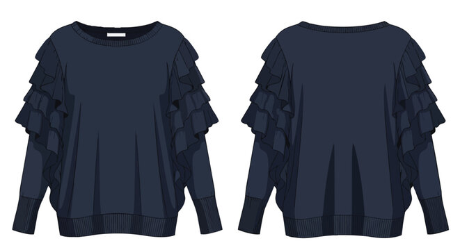 Contemporary women's navy blue long-sleeve top showcasing elegant tiered ruffles on the arms, presented in clear front and back views for modern