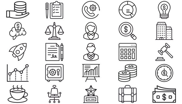 Business and Finance Vector Icon Set: 25 Minimalist Black Line Icons including Money, Law, Office, Technology, and Professional Avatars for Web, Mobile, and Corporate Graphic Design Projects.
