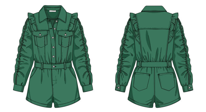 Detailed technical flat sketch featuring a stylish green long-sleeved playsuit with ruffles and a cinched waist perfect for spring summer fashion