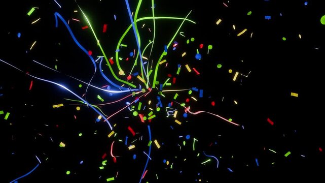 3d render of colorful glowing confetti ribbons and particles exploding from a center emitter with a dynamic spinning camera angle for festive celebration and abstract motion design visualization.