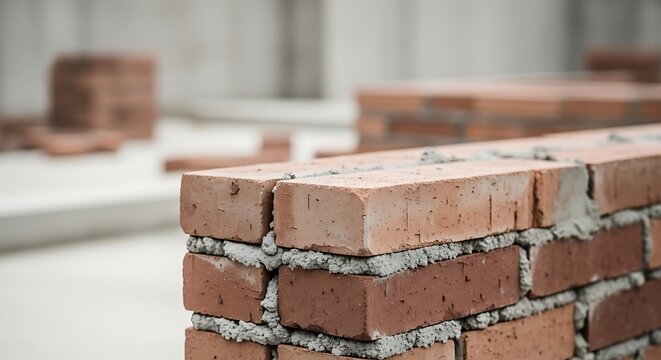 Fresh Brick Wall Construction with Visible Mortar and Stackable Red Brick
