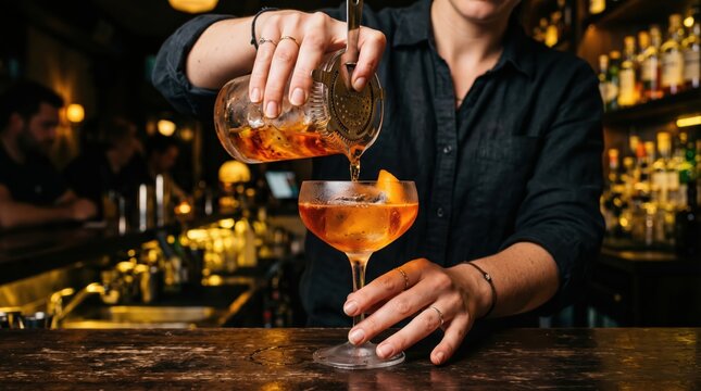 Bartender pouring cocktail into glass on bar counter