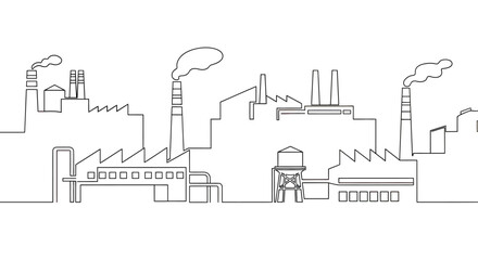Naklejka premium Minimalist line drawing of a sprawling industrial factory complex with chimneys