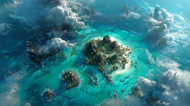 Aerial View of Serene Islands: An aerial perspective of tranquil islands surrounded by a vibrant sea and fluffy clouds, offering a breathtaking glimpse of paradise. 