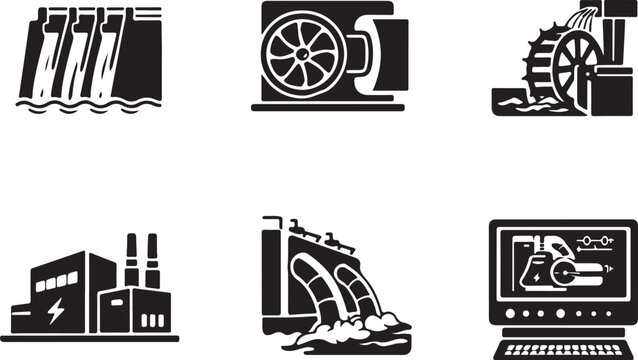 Hydro Power System Silhouette Set Dam Turbine Water Energy Renewable Electricity Icons