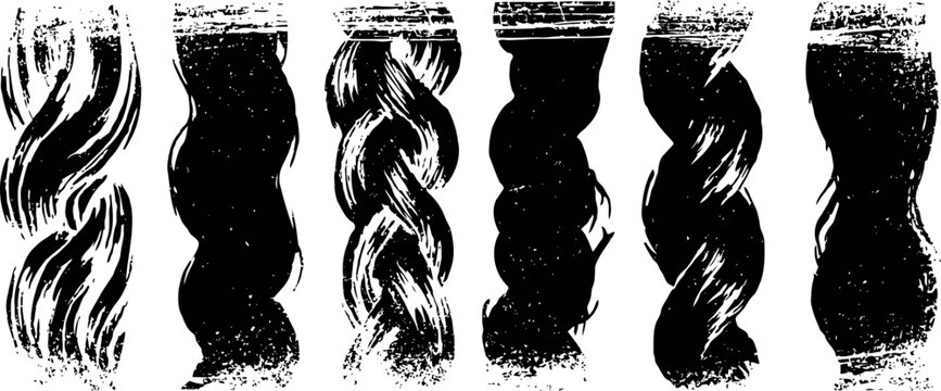 set of uneven black ink brush strokes with textured wavy and braided patterns