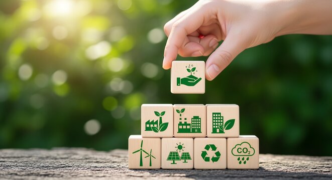 Hand placing wooden cube with green sprout in hand icon atop blocks showing industry buildings wind turbine solar panels recycling and CO2 emissions on natural blurred background