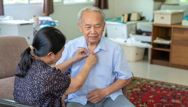 Young Woman Helping Elderly Father Button Shirt at Home, Family Caregiving Concept.