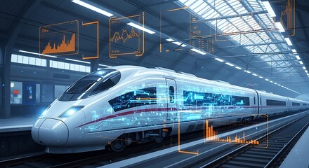 Fototapeta premium Futuristic high-speed train at a station, with digital overlays, showcasing data visualization