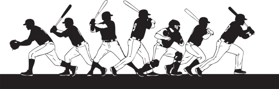Black and white of baseball players swinging bats in action sequence baseball bat baseball swing