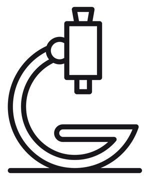 Microscope vector icon illustration, minimalist black line art symbol for science, laboratory research, biology, chemistry, medical diagnostics, and education, isolated on white background.