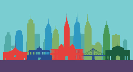Obraz premium Vector illustration of a black downtown cityscape silhouette featuring a skyscraper skyline and urban business buildings reflected under a travel landmark tower in the USA