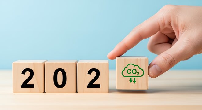 A hand places a wooden block with a CO2 cloud icon next to wooden blocks displaying the numbers 202 representing environmental change carbon dioxide climate change emission