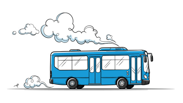 Fun cartoon illustration of a fast moving blue public bus leaving behind large puffy white clouds of exhaust smoke and speed lines.