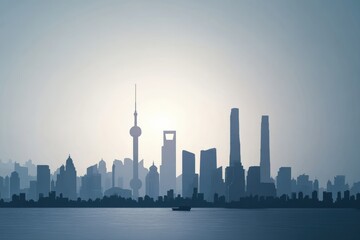 Fototapeta premium Exploring minimalist skyline silhouettes of a city at sunrise with low contrast colors