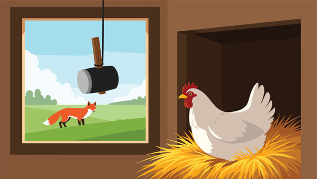 Dramatic farm scene shows a white hen sitting in a nest while a cunning fox approaches outside the window near a hammer trap.