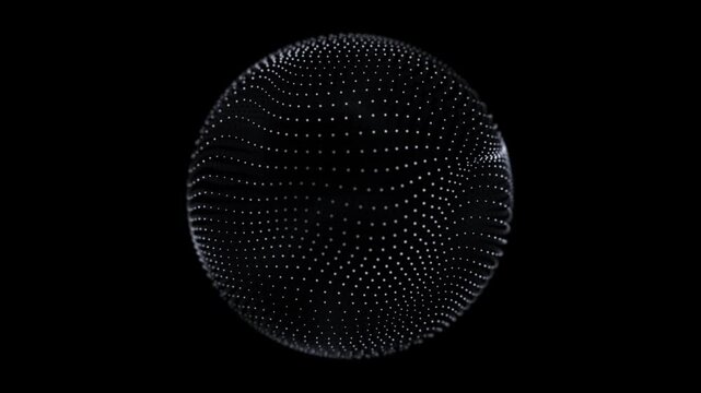 White Particle Sphere Loop. Black Background Isolated Orb. Glowing Dot Surface Ball. Digital Wireframe Energy Sphere. 4K 60fps