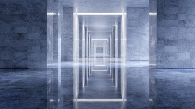 Symmetrical illuminated corridor with glowing frames, polished marble floor mirrors LED light, infinite perspective, cool blue tones, hightech ambiance, minimal furnishings, pristine geometry,