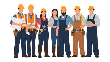 Obraz premium Construction Team: A united team of construction workers, each wearing their safety gear, stands confidently, ready to bring their blueprints and skills to the building site.