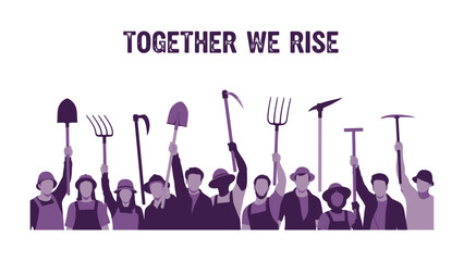 Unity in the Fields: A community of determined individuals stands together, arms raised, against a backdrop that reads Together we rise, embodying solidarity and shared purpose. © Jannat