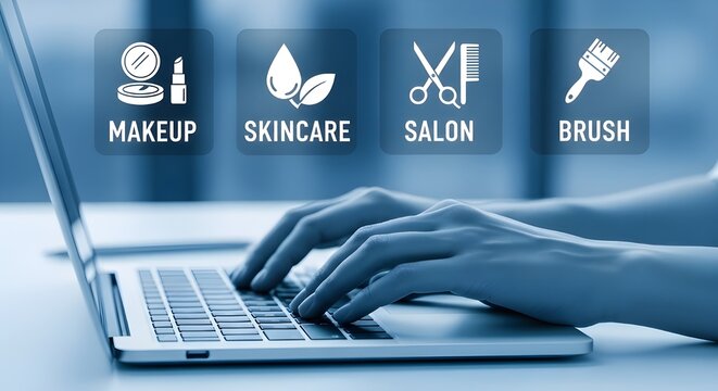 Person using laptop with icons for makeup skincare salon and brush typing hands