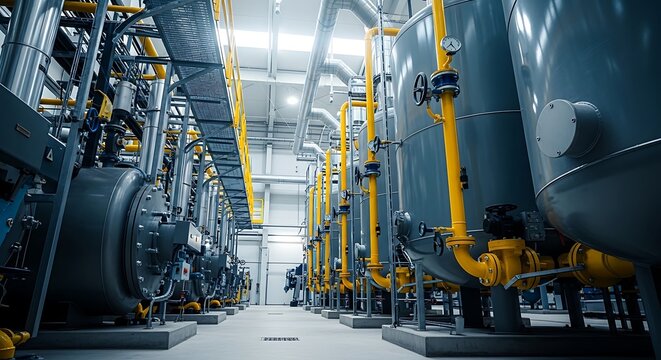 Inside a modern industrial facility; pipes, tanks, and machinery fill the space
