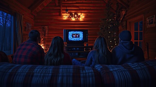 Nostalgic Cabin Evening: Friends Watching Retro TV by Warm Fire and String Lights