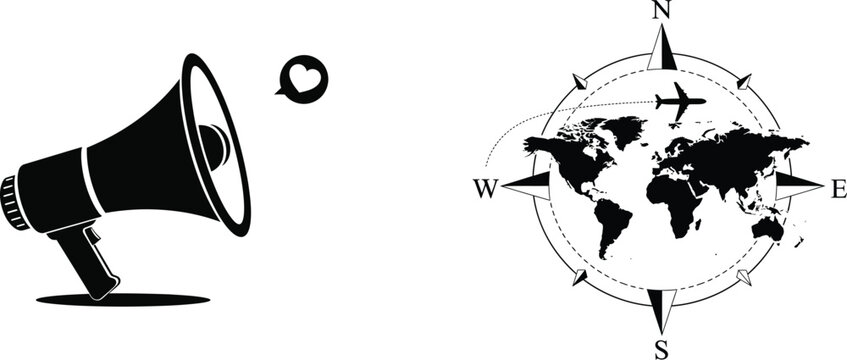 Megaphone and world map with airplane and compass icon
