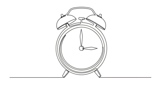 Continuous line drawing of an old-fashioned twin-bell alarm clock showing three o'clock
