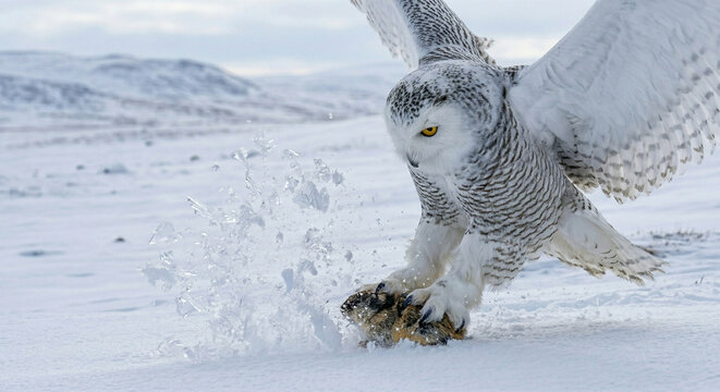 A high-speed action photograph of a Snowy Owl at the moment of impact with its prey (a lemming) on the snow. Its massive, heavily feathered talons are fully extended and buried in the snow. 