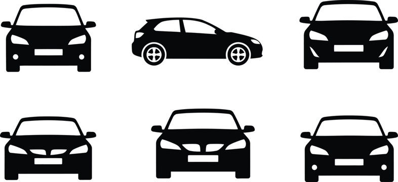 Collection of six black silhouette car icons in a row