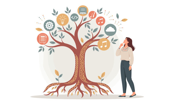 Abstract knowledge tree with icons of ideas, gear, and code vector illustration