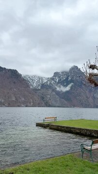 Lake mountain benches traunsee and traunstein