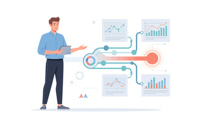 Obraz premium Businessman analyzing data on tablet with infographics vector illustration