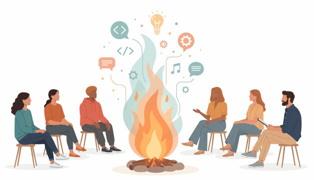 Diverse group of people sitting in a coding discussion vector illustration