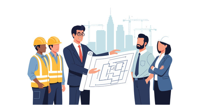 Construction Blueprint Meeting: A construction team huddles around a blueprint, engaged in discussion amid a backdrop of a building. 