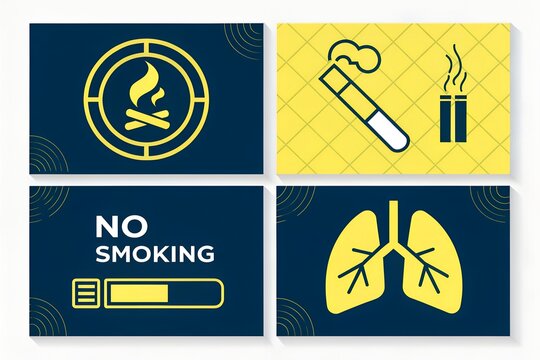 Four distinct yellow graphic icons set against dark blue or textured yellow backgrounds featuring a stylized campfire symbol within a circular frame plus a burning cigarette icon next to two smoke pil