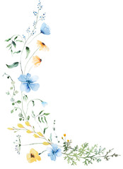 Naklejka premium Watercolor bouquet with yellow and light blue wildflowers, isolated illustration for wedding stationery