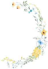 Naklejka premium Floral bouquet with yellow and light blue watercolor wildflowers, spring wedding illustration