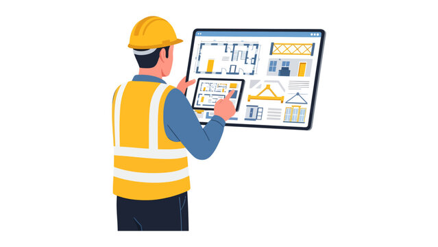 Modern Construction Inspection: An architect or engineer reviews blueprints on a digital tablet, symbolizing precision and technological integration in the construction process. 