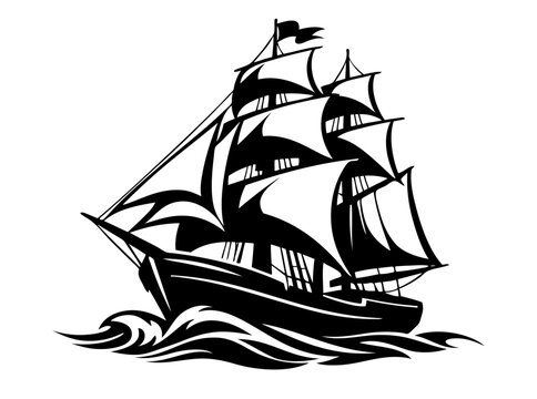 Vintage tall ship sailing on waves with full sails. Hand drawn maritime illustration in engraving style. Vector black ink artwork, sea travel, freedom and classic navigation concept for branding