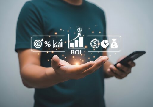 Man holding a smartphone with a digital roi graph and financial icons floating above his hand.