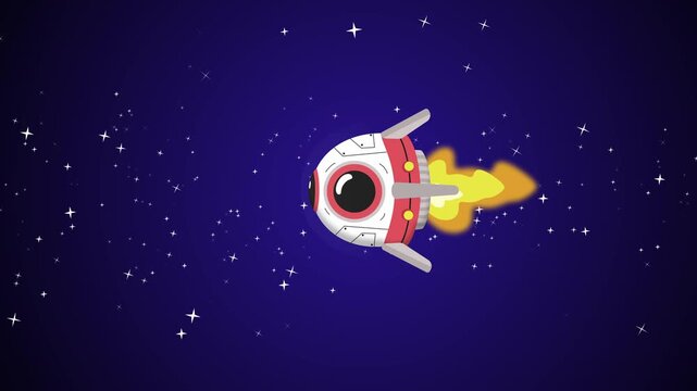 Spaceship Flying Traveling in Outer Space full of Stars Flying Through Asteroids 2D Flat Design Style Animation Seamless Loop