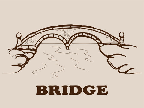 Sketch of a small bridge on a beige background, EPS10 vector illustration. Suitable for old map designs, game and book illustrations, and simple, cartoon-style architectural engineering designs.
