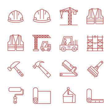Construction Essentials Icons: A collection of meticulously crafted, minimalist icons showcases essential tools and elements synonymous with the construction industry.