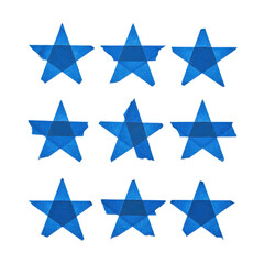Obraz premium Six blue five-pointed stars made of matte masking tape arranged in a grid on a white surface with visible paper texture and frayed edges, creative diy aesthetic